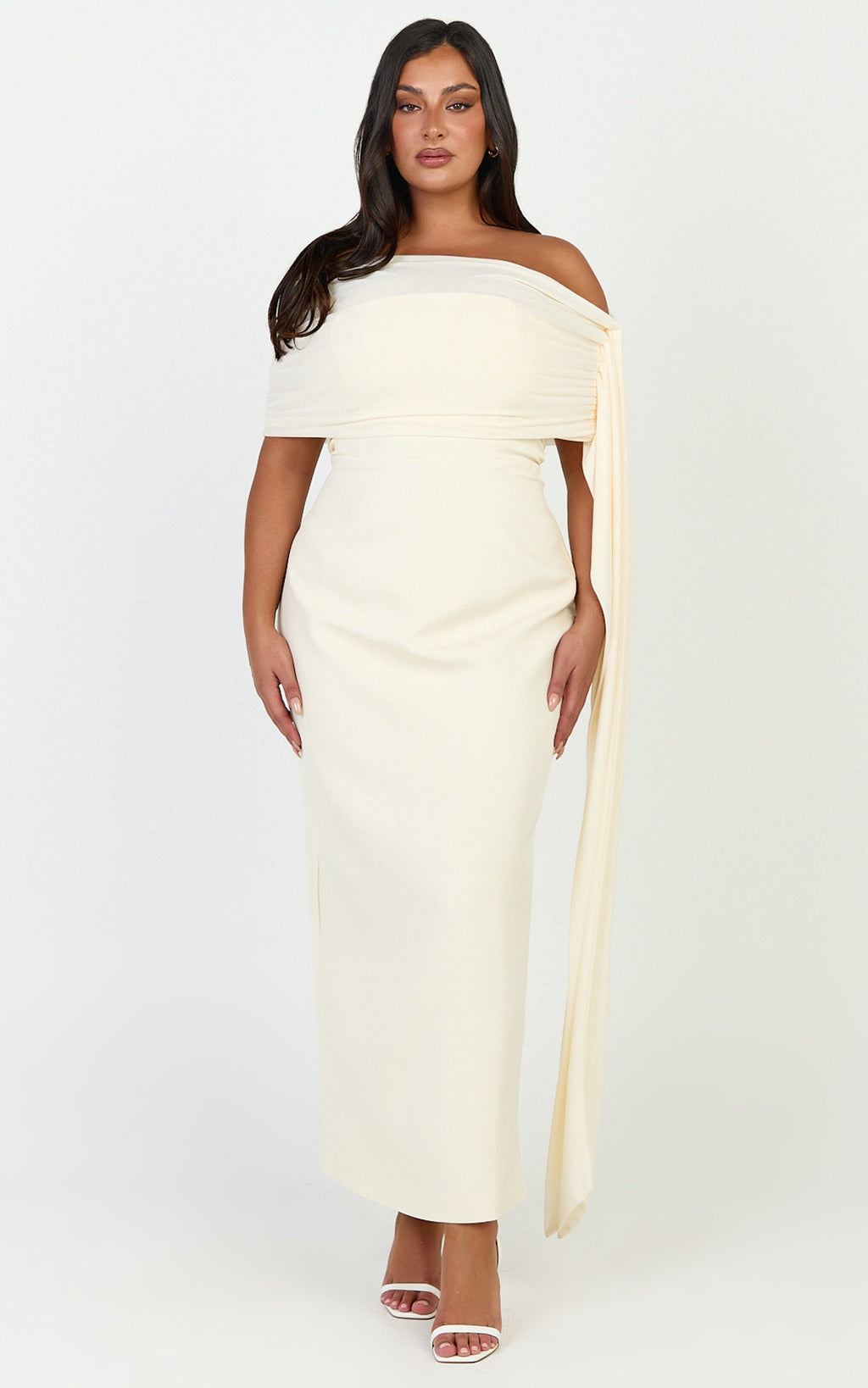 Elina Maxi Dress - Off Shoulder Contrast Mesh Draped Overlay Dress in Cream