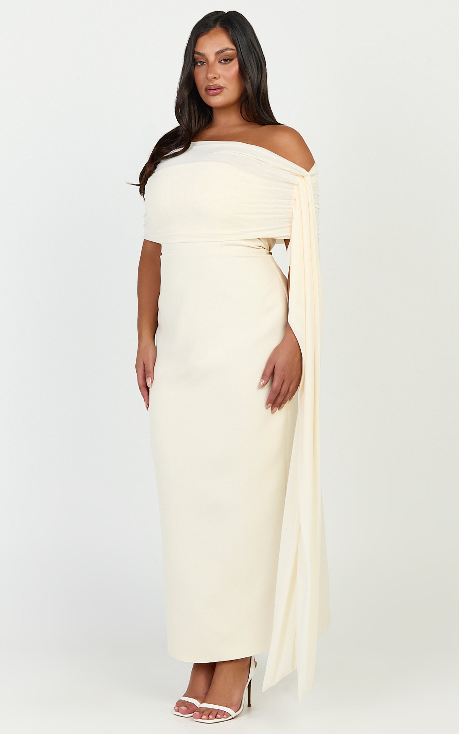 Elina Maxi Dress - Off Shoulder Contrast Mesh Draped Overlay Dress in Cream