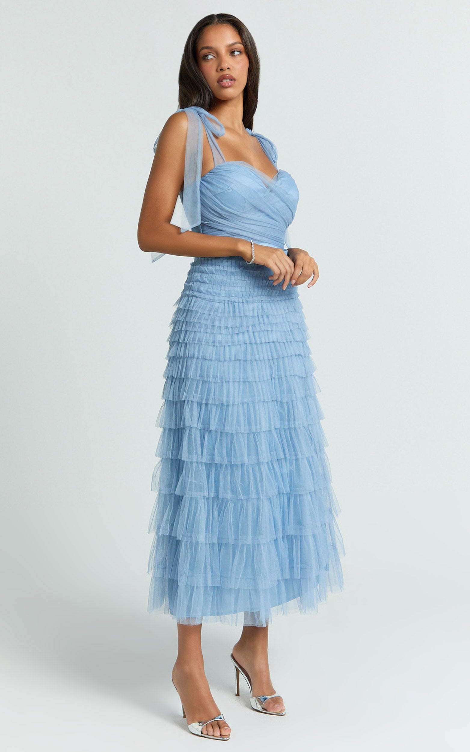 Emelia Midi Dress - Shoulder Tie Tiered Dress in Blue
