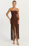 Evie Maxi Dress - Crepe Fringed Shift Dress in Chocolate