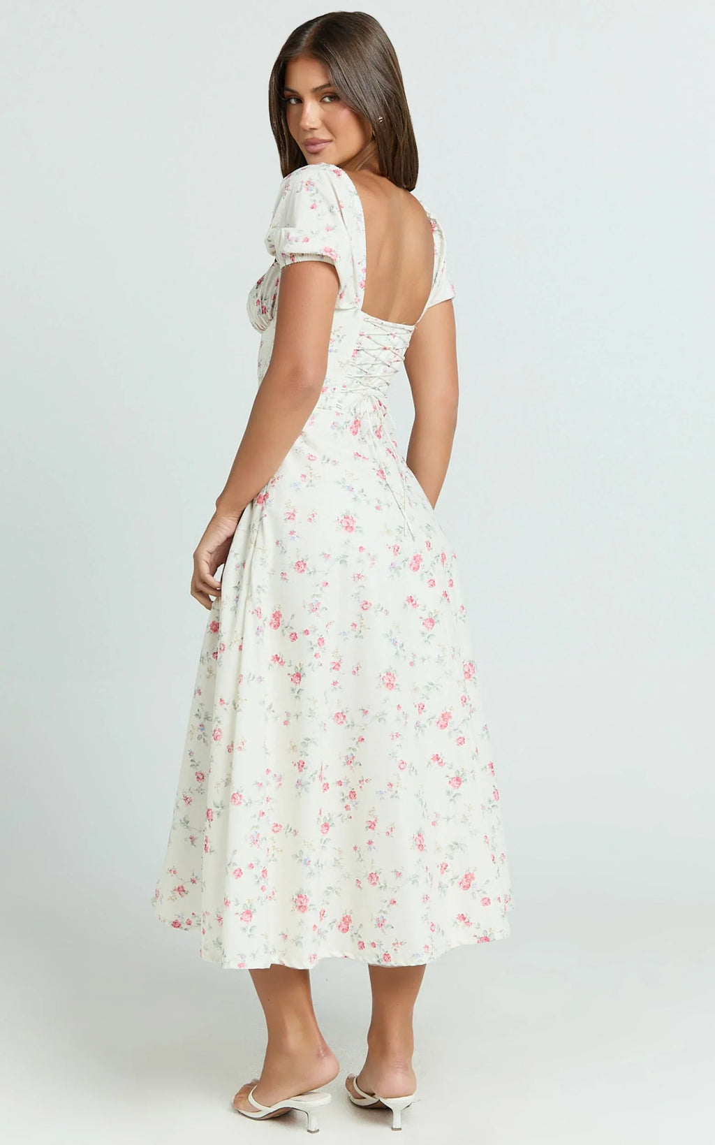 Imani Midi Dress - Puff Sleeve Square Neck Circle Skirt Dress in Cream
