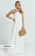 Jhazmine Maxi Dress - Halterneck Linen Gold Trim Dress in Off White