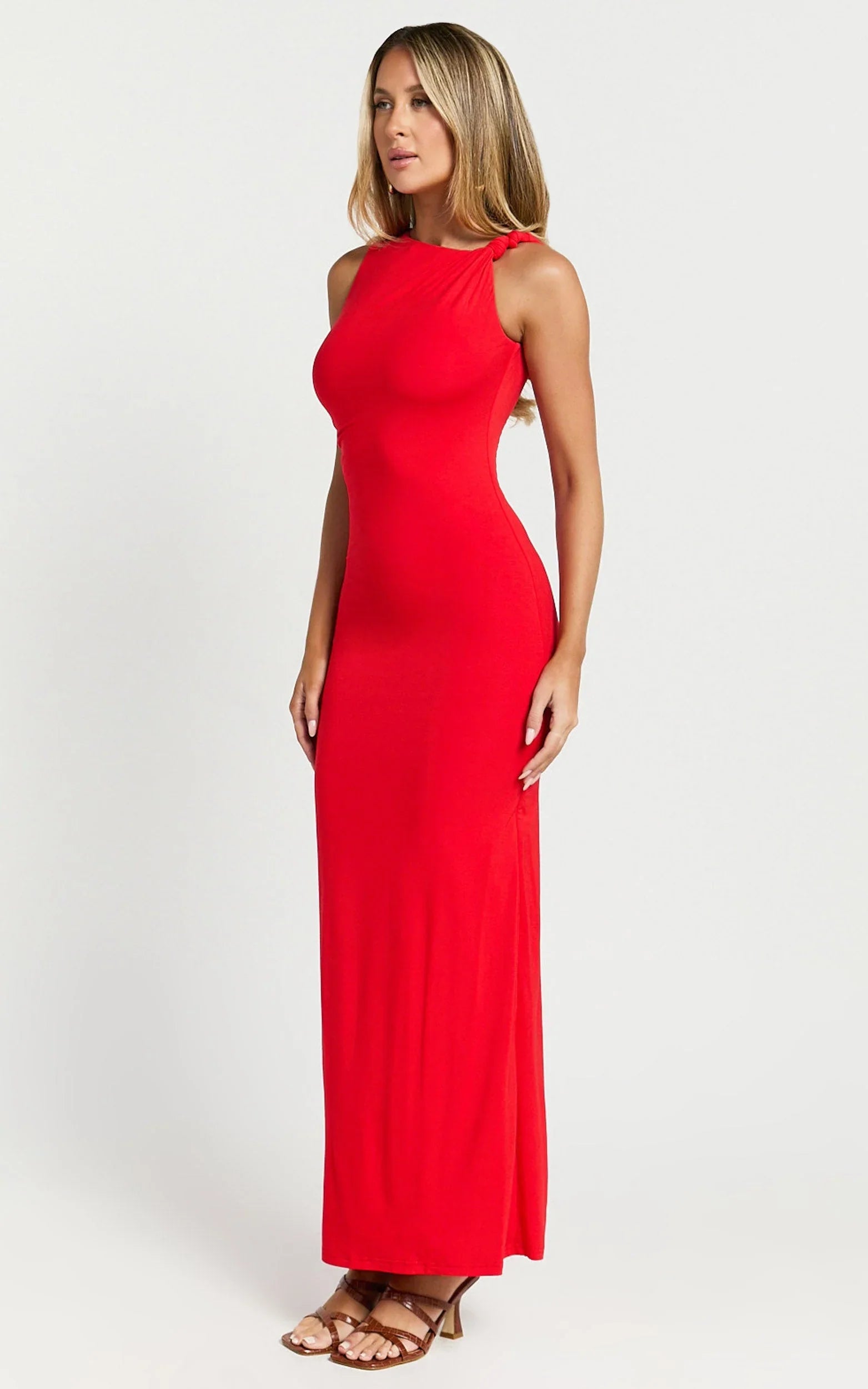 Aisha Maxi Dress - Sleeveless Twist Strap Bodycon Dress in Red