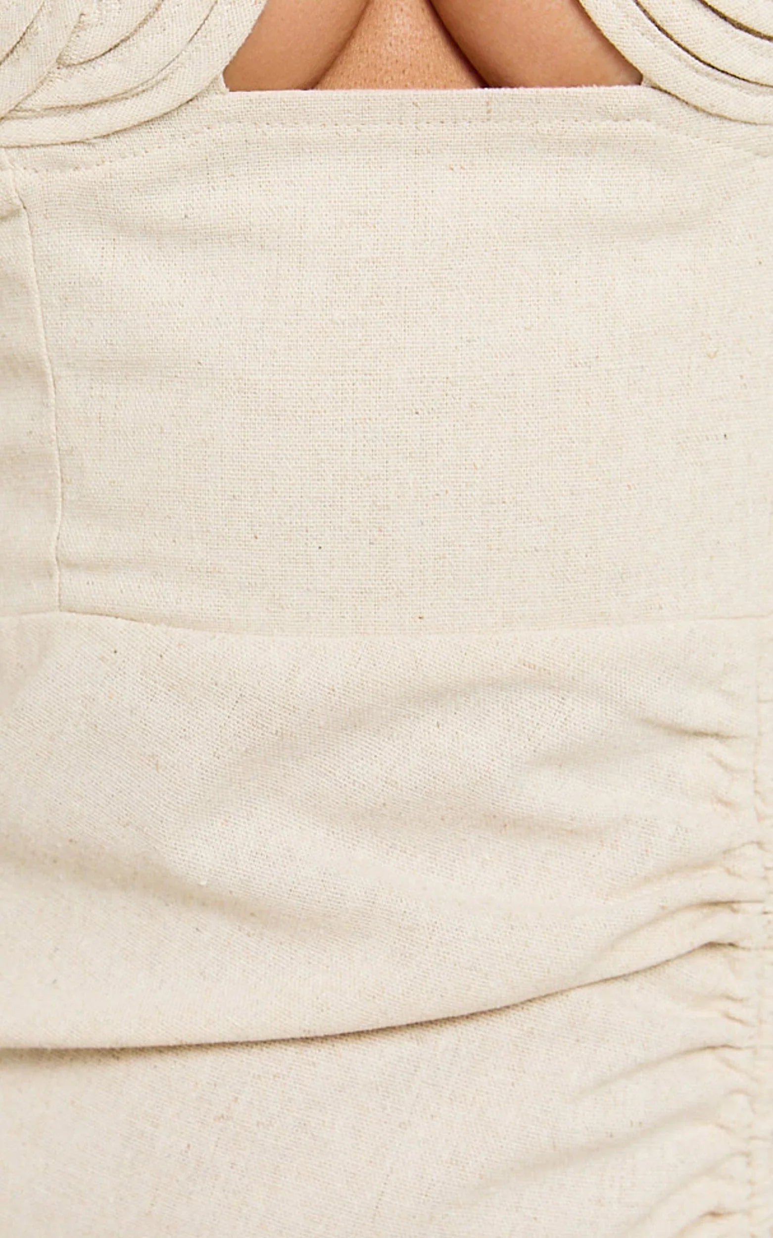 Griffin Midi Linen Blend Dress - Embroidered Tie Back Ruched Dress in Oatmeal