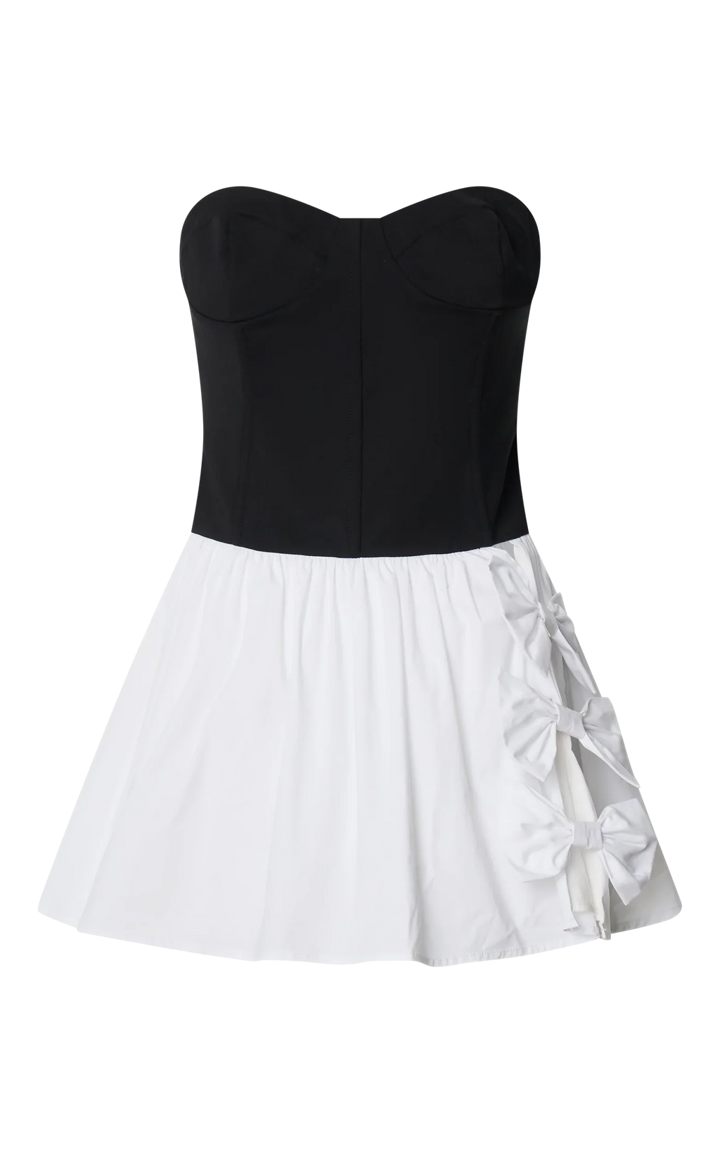 Adelita Mini Dress - Strapless Contrast Colour Bodice Gathered Poplin Skirt Dress in Black
