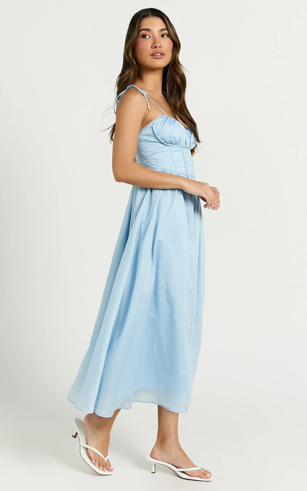 Dolores Midi Dress - Strappy Ruched Bust Corset Waist Dress in Blue