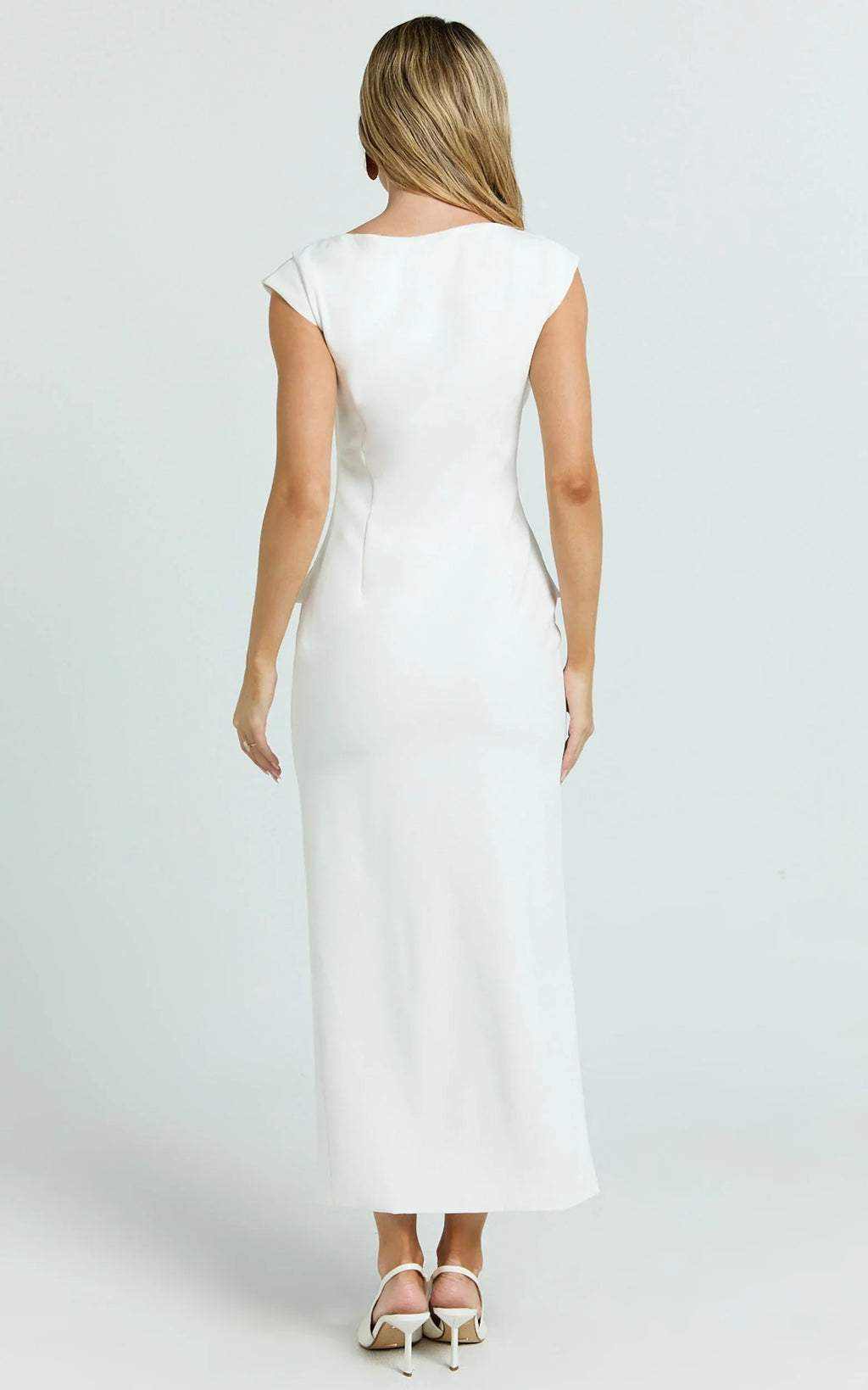 Calista Midi Dress - Boat Neck Button Down Pencil Dress in White