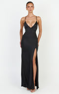 Georgie Maxi Dress - Satin V Neck Bias Cut Slip Dress in Black