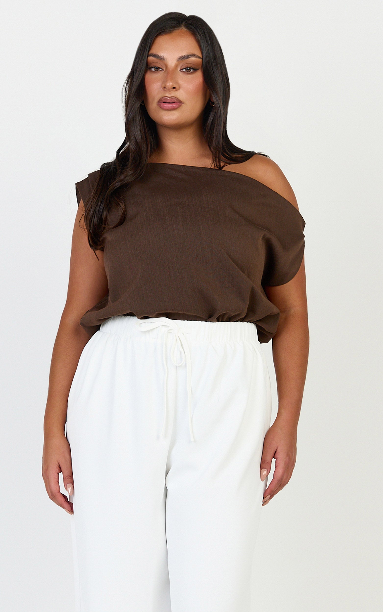 Gwen Bodysuit - Asymmetrical Neckline One Shoulder Bodysuit in Chocolate
