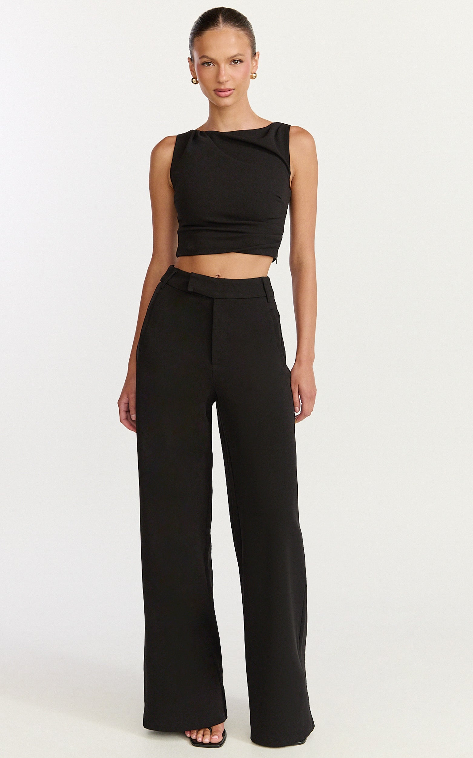 Helen Two Piece Set - Crepe Twisted Top And Wide Leg Pants in Black