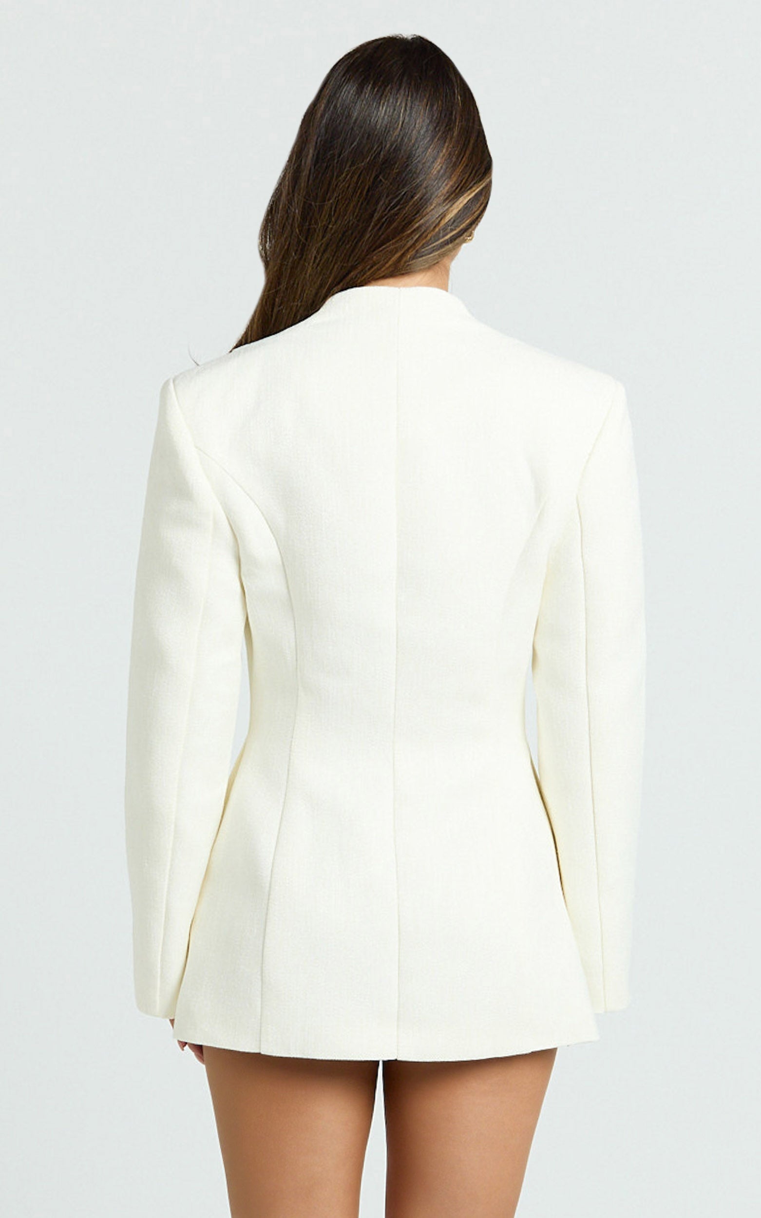 Hepburn Mini Dress - Gold Hardware Button Detail Wrap Front Blazer Dress in White