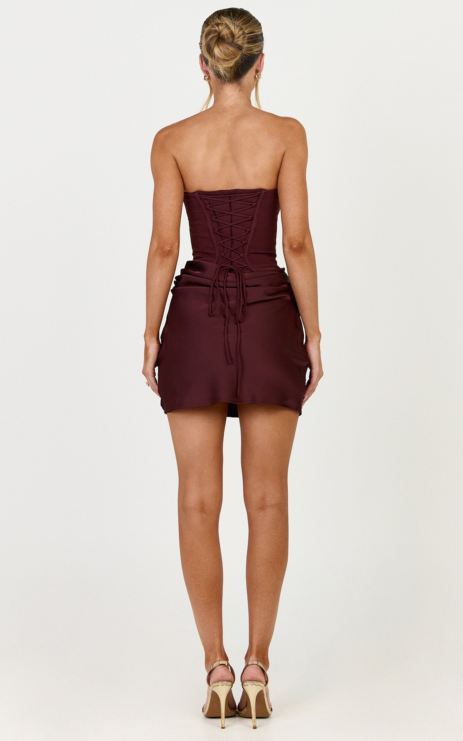 Kailani Mini Dress - Strapless Corset Bodice Lace Up Back Dress in Chocolate