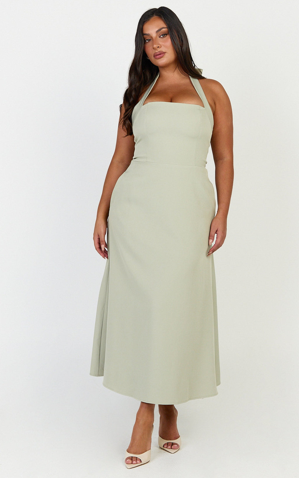 Karissa Midi Dress - Halter Neck Fitted Bodice Midi Soft A Line Skirt Dress in Pistachio