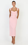 Kenna Midi Dress - Gathered Bust Tucked Waist Dress in Pink