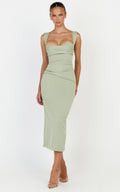 Kenna Midi Dress - Gathered Bust Tucked Waist Dress in Sage