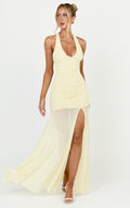 Kori Maxi Dress - Ruched Halterneck Mesh Dress With Racer Back in Lemon