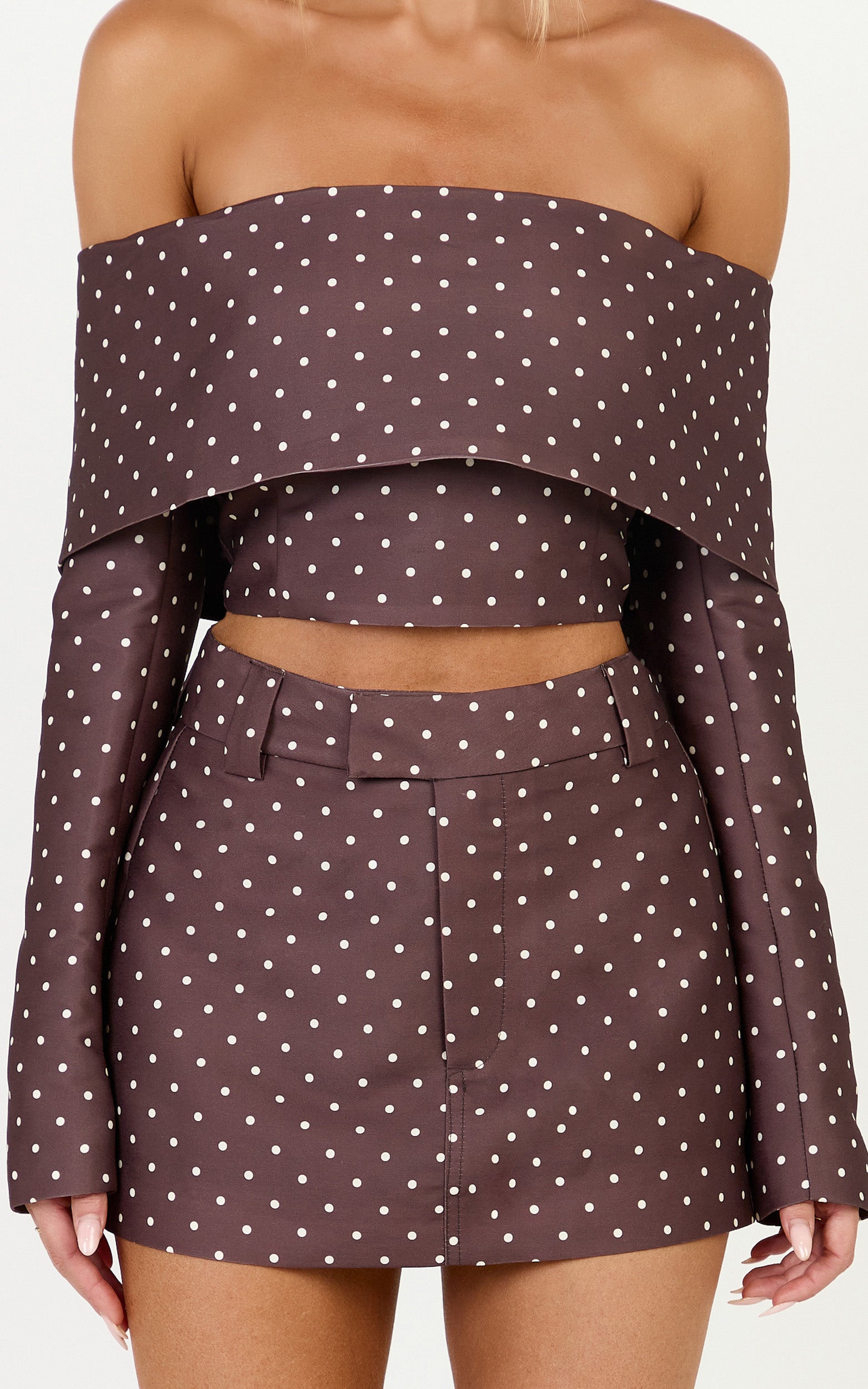 Lana Mini Skirt - Structured Tailored Skirt in Chocolate/Cream Polka Dot