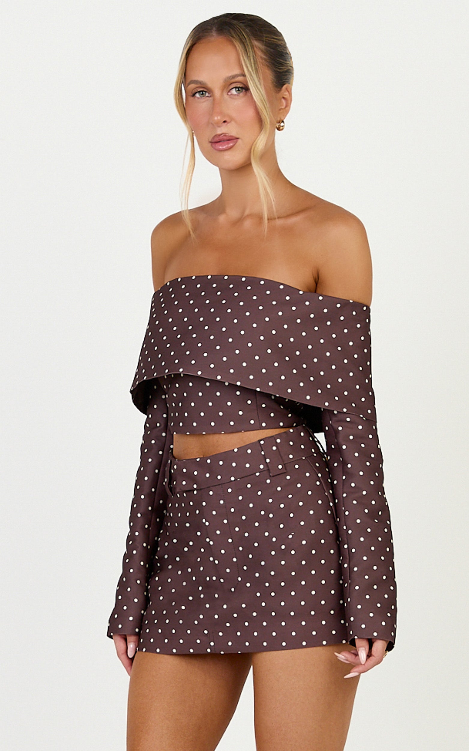 Lana Mini Skirt - Structured Tailored Skirt in Chocolate/Cream Polka Dot
