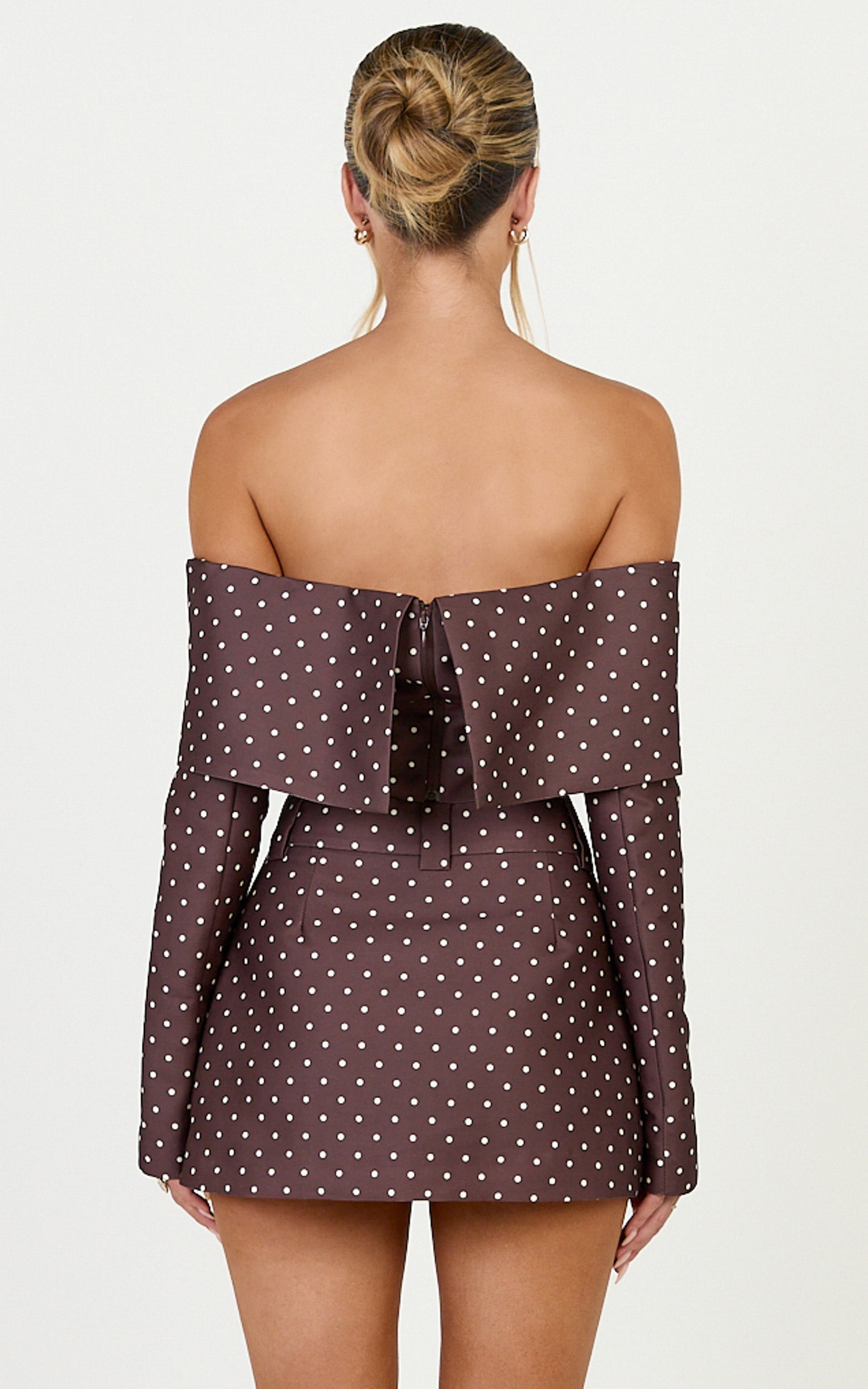 Lana Mini Skirt - Structured Tailored Skirt in Chocolate/Cream Polka Dot