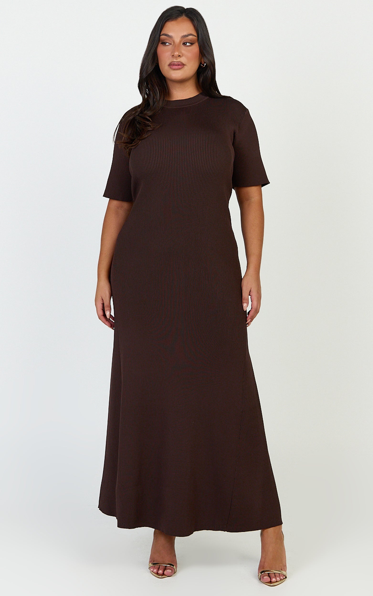 Lanie Midi Dress - Knitted Crew Neck Short Sleeve Dress in Chocolate