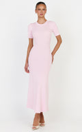 Lanie Midi Dress - Knitted Crew Neck Short Sleeve Dress in Pink
