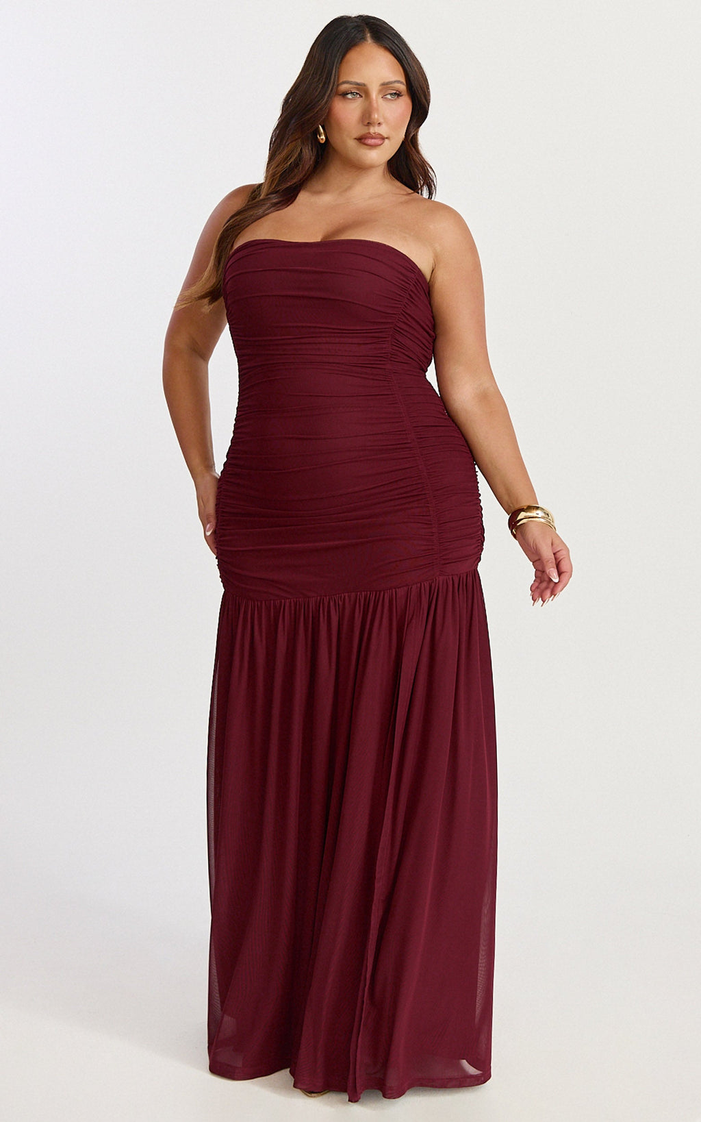 Marguerite Maxi Dress - Strapless Ruched Mesh High Leg Split Dress in Wine