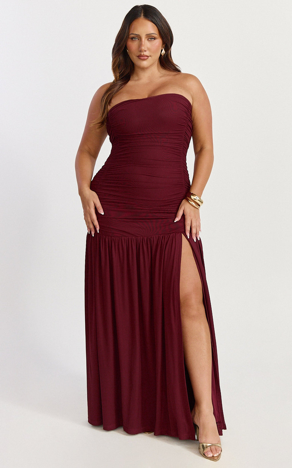 Marguerite Maxi Dress - Strapless Ruched Mesh High Leg Split Dress in Wine