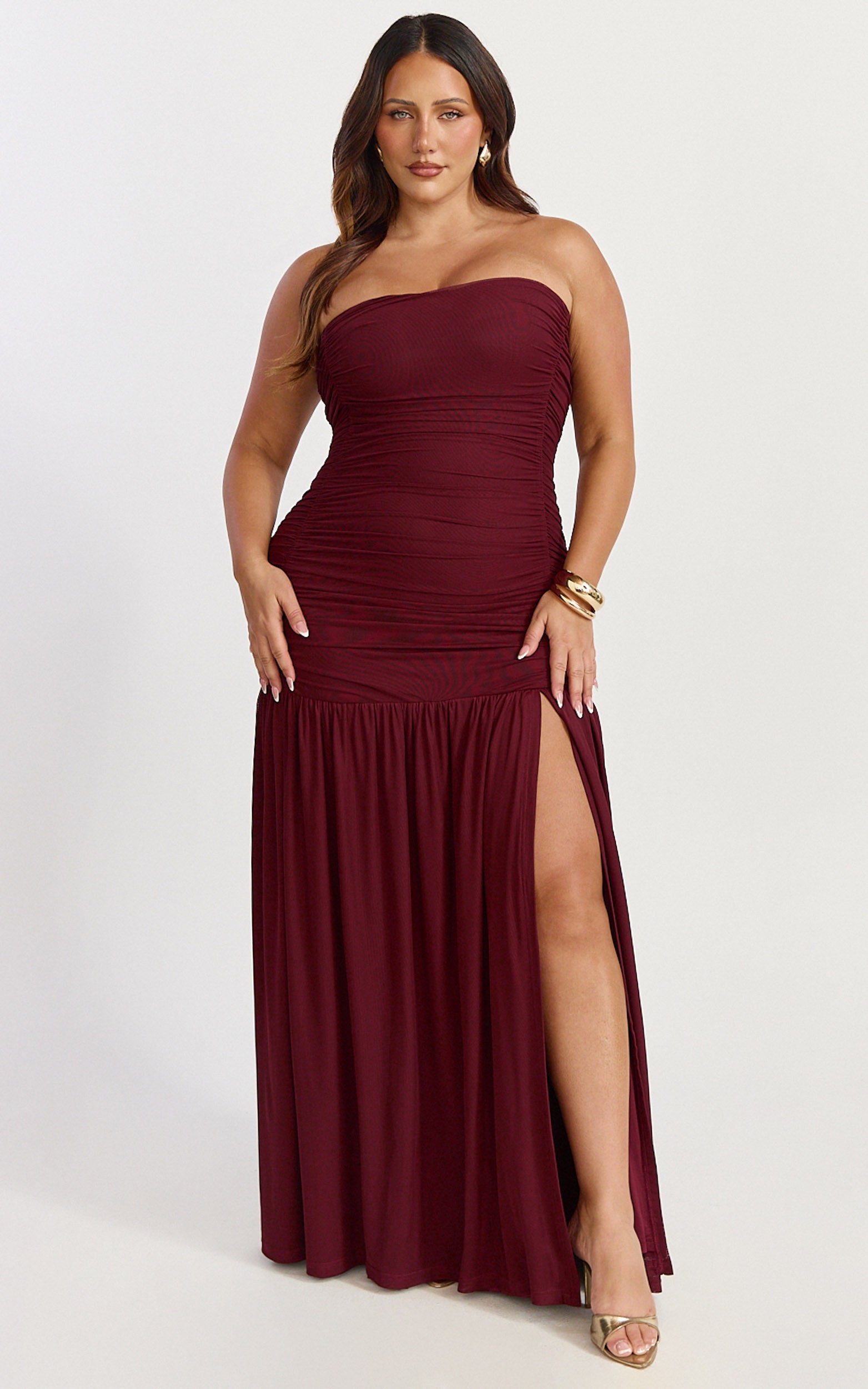 Marguerite Maxi Dress - Strapless Ruched Mesh High Leg Split Dress in Wine