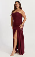 Marguerite Maxi Dress - Strapless Ruched Mesh High Leg Split Dress in Wine