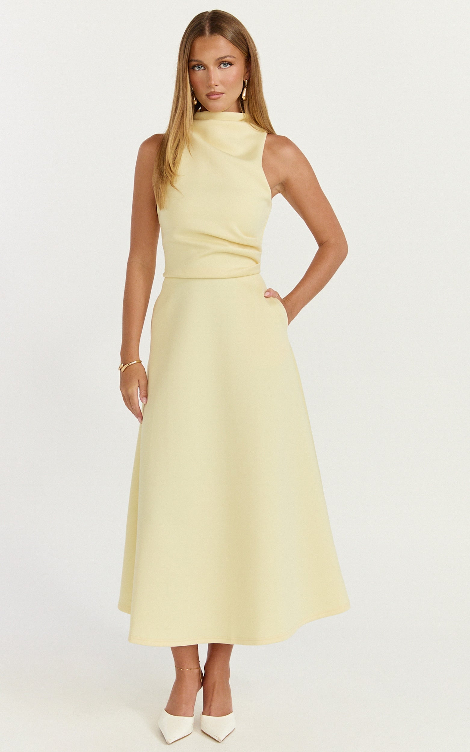 Macy Midi Dress - High Neck A Line Dress in Lemon