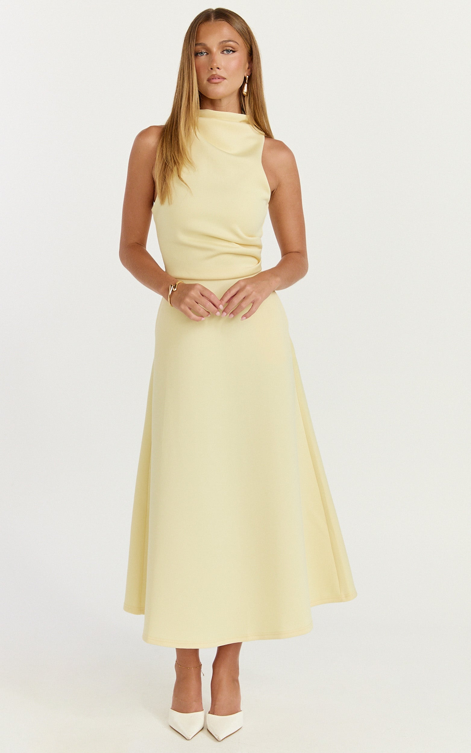 Macy Midi Dress - High Neck A Line Dress in Lemon
