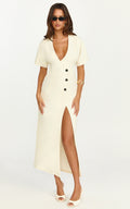 Makayla Midi Dress - Low Cut Button Down Midi Dress in Cream