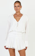 Melanie Mini Dress -  Tie Front Long Sleeve Shirt Dress in White