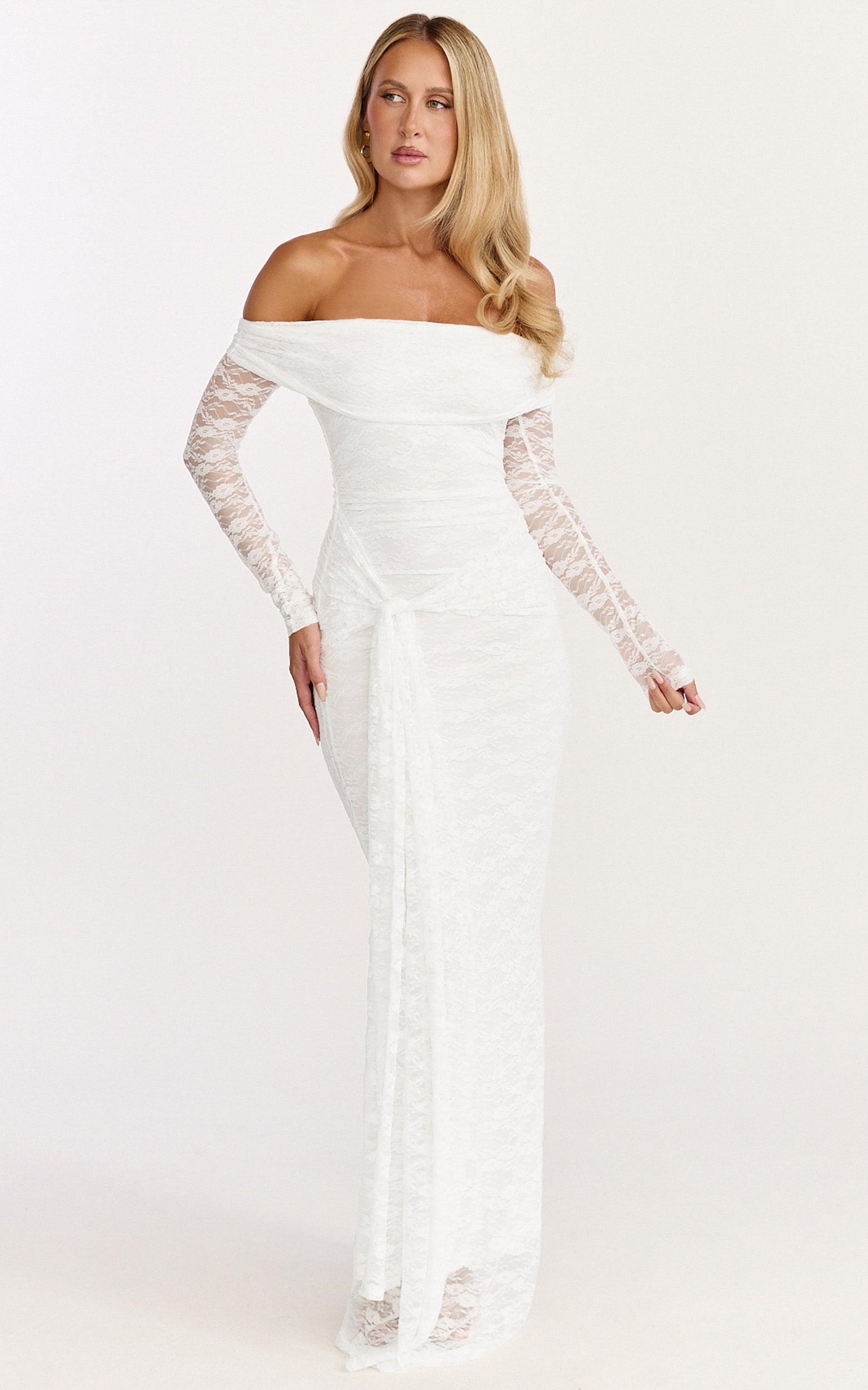 Melville Maxi Dress - Off Shoulder Long Sleeve Lace Dress in White