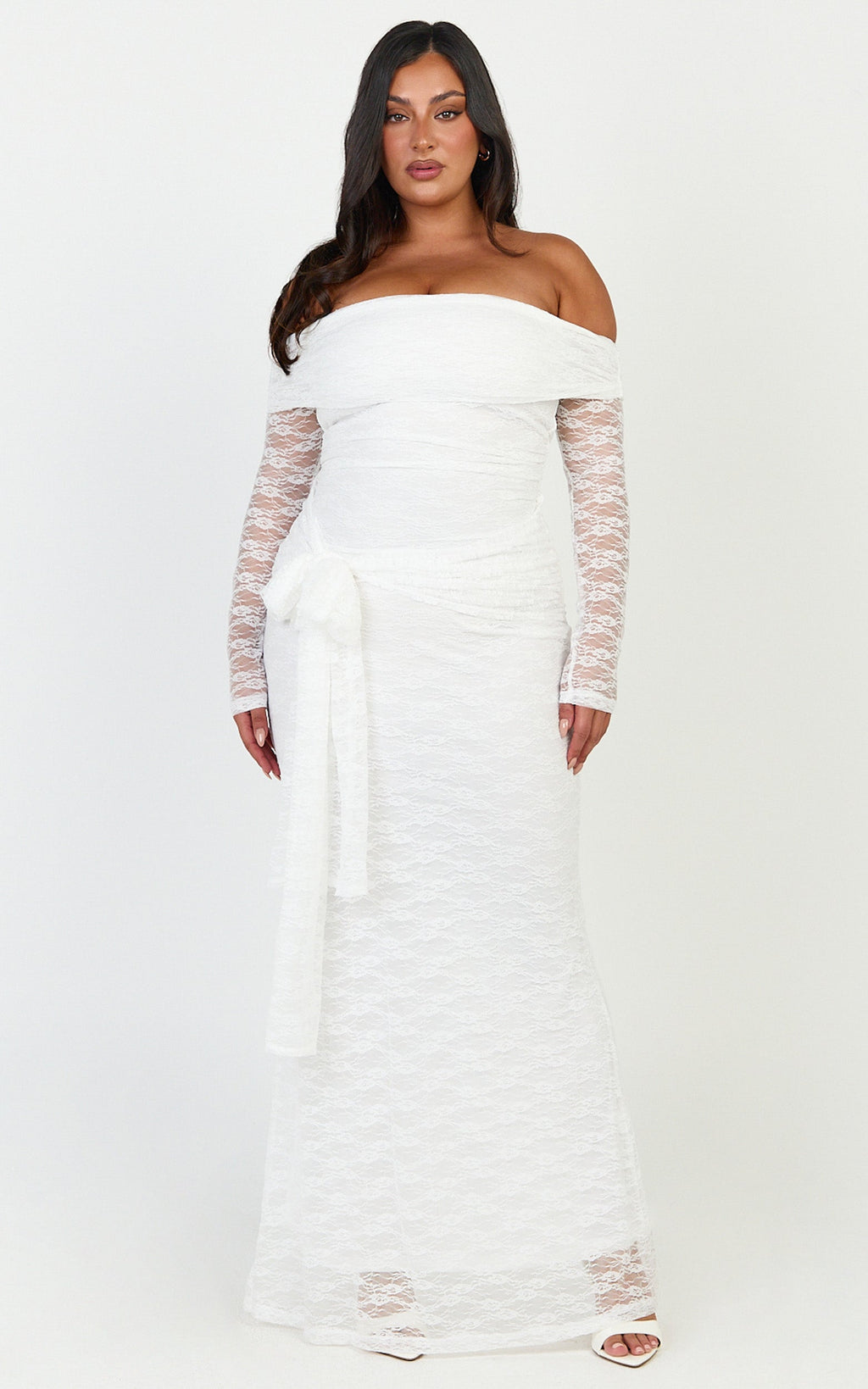 Melville Maxi Dress - Off Shoulder Long Sleeve Lace Dress in White
