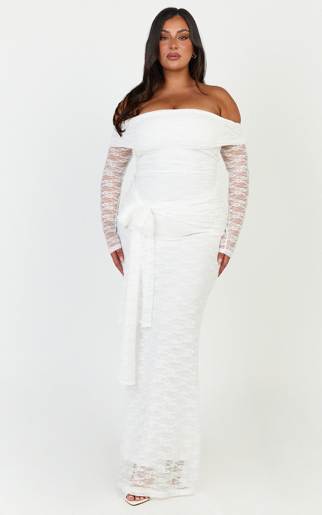 Melville Maxi Dress - Off Shoulder Long Sleeve Lace Dress in White