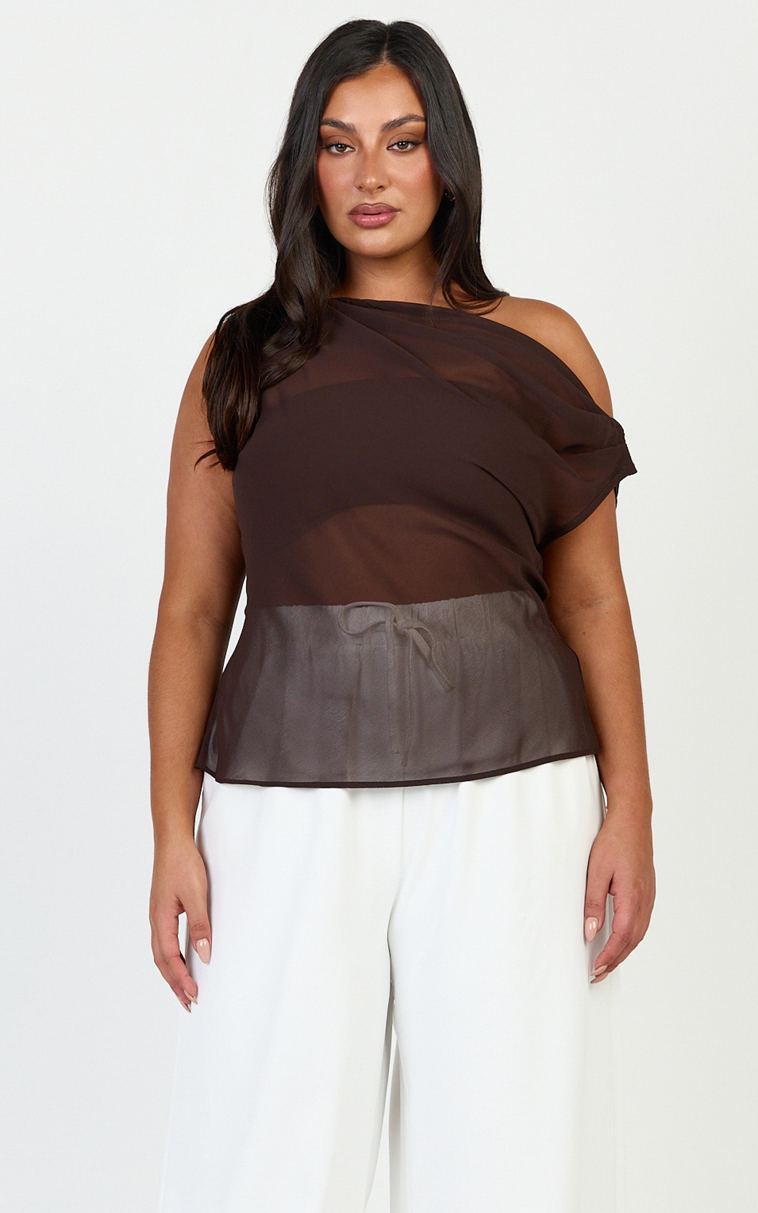 Milla Top - Georgette Asymmetric Draped Top in Chocolate