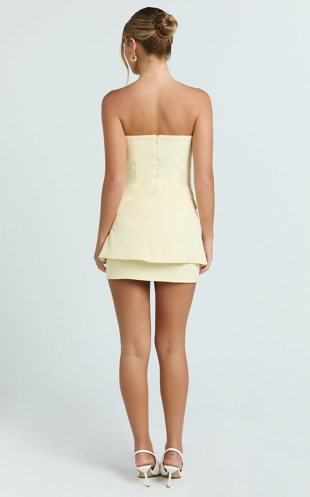 Monroe Two Piece Set - Strapless Button Down Longline Vest Top and High Waisted Mini Skirt in Butter Yellow