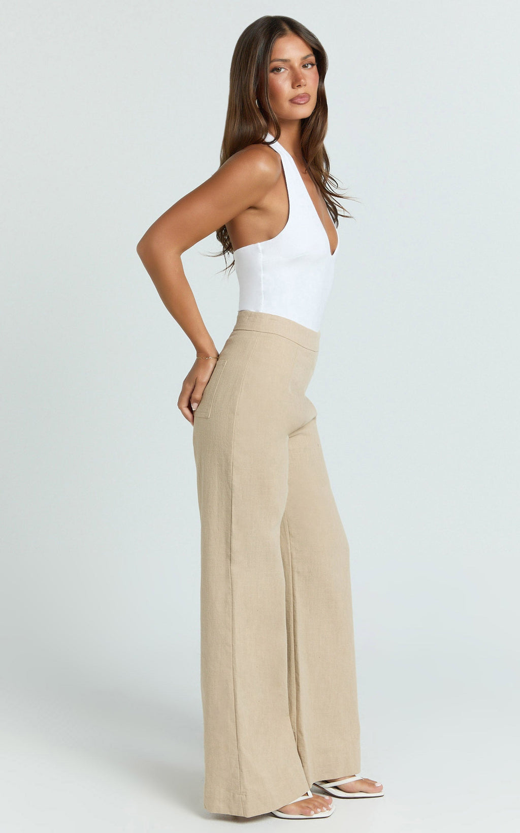 Narcisa Pants - Linen Look High Waist Bootleg Pants in Stone