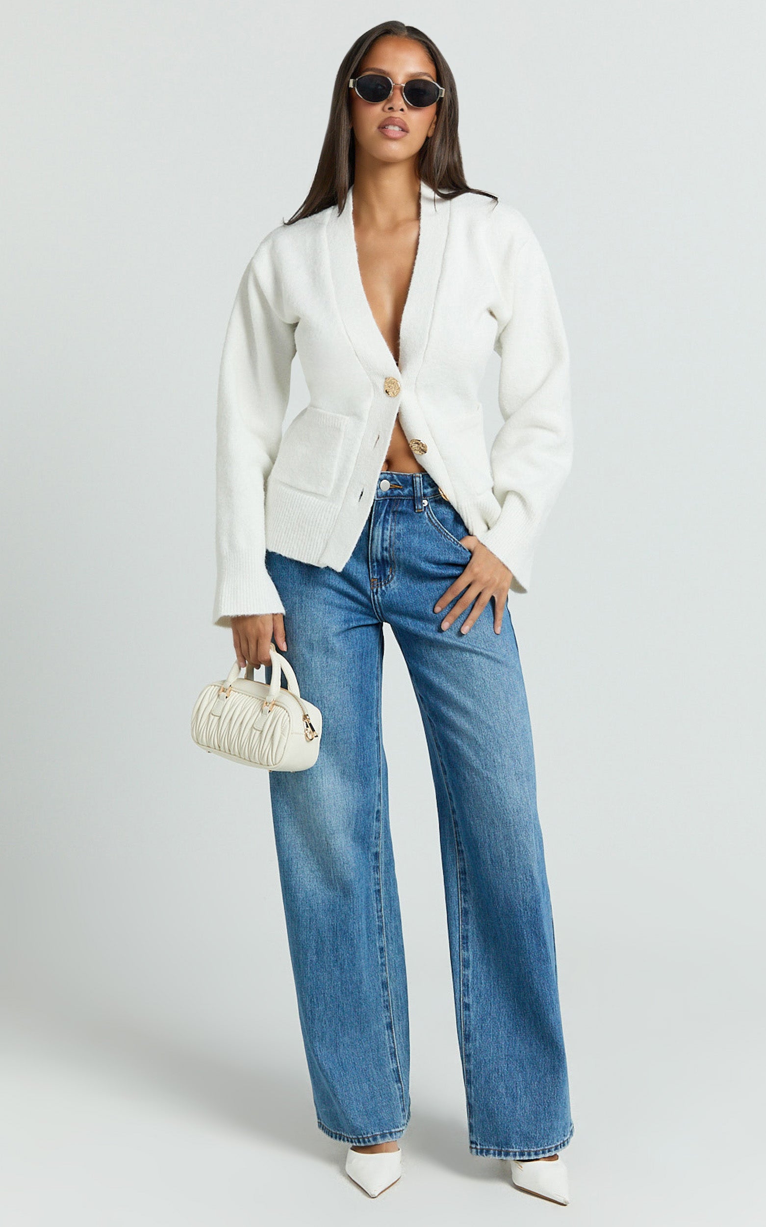 Nerissa Cardigan - V Neck Recycled Knit Contoured Cardigan in Cream
