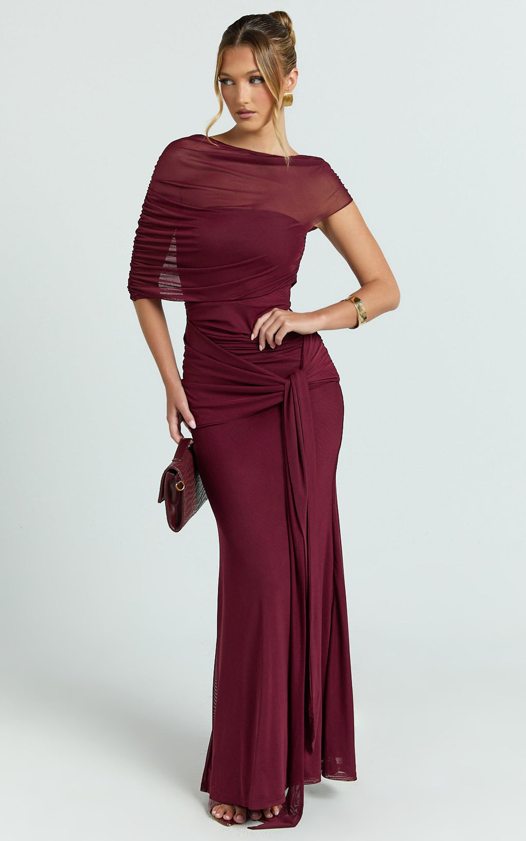Nicolette Maxi Dress - Cape Sleeve Off Shoulder Dress in Wine