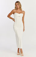 Nikki Midi Dress - Scallop Edge Front Split Column Dress in Off White