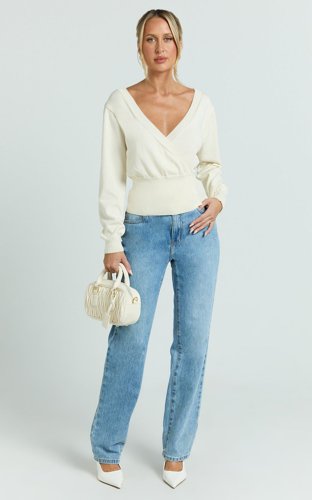 Paige Cardigan - Long Sleeve Deep V Cardigan in Cream