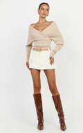 Petra Top - Long Sleeve Wrap Ribbed Knit Top in Oat Marle