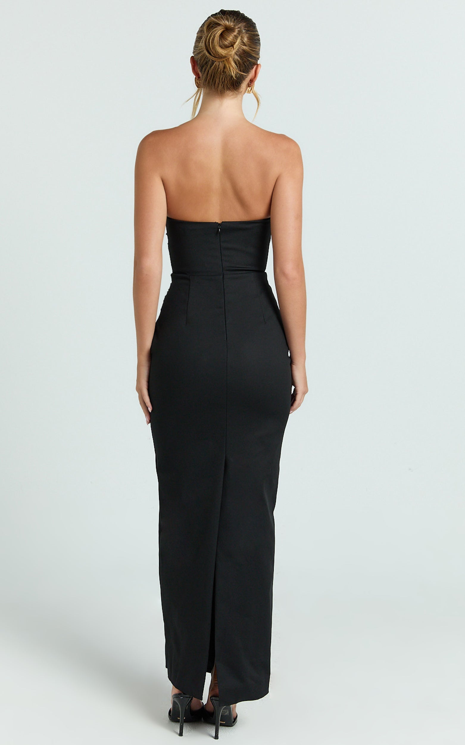 Pietra Midi Dress - Strapless Side Seam Tucks Fitted Dress in Black