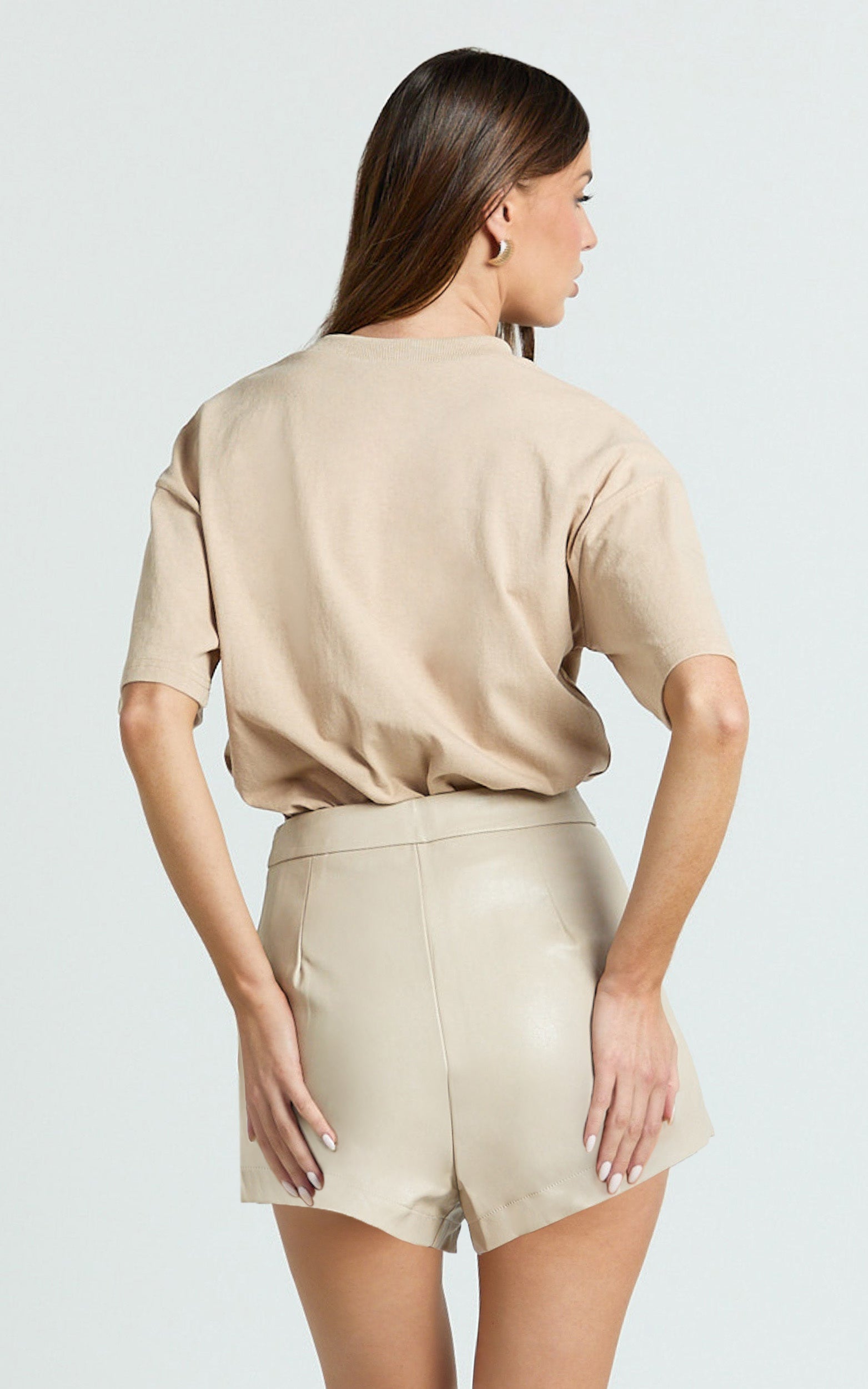 Prizza Top - Longline Boyfriend Tee Top in Putty