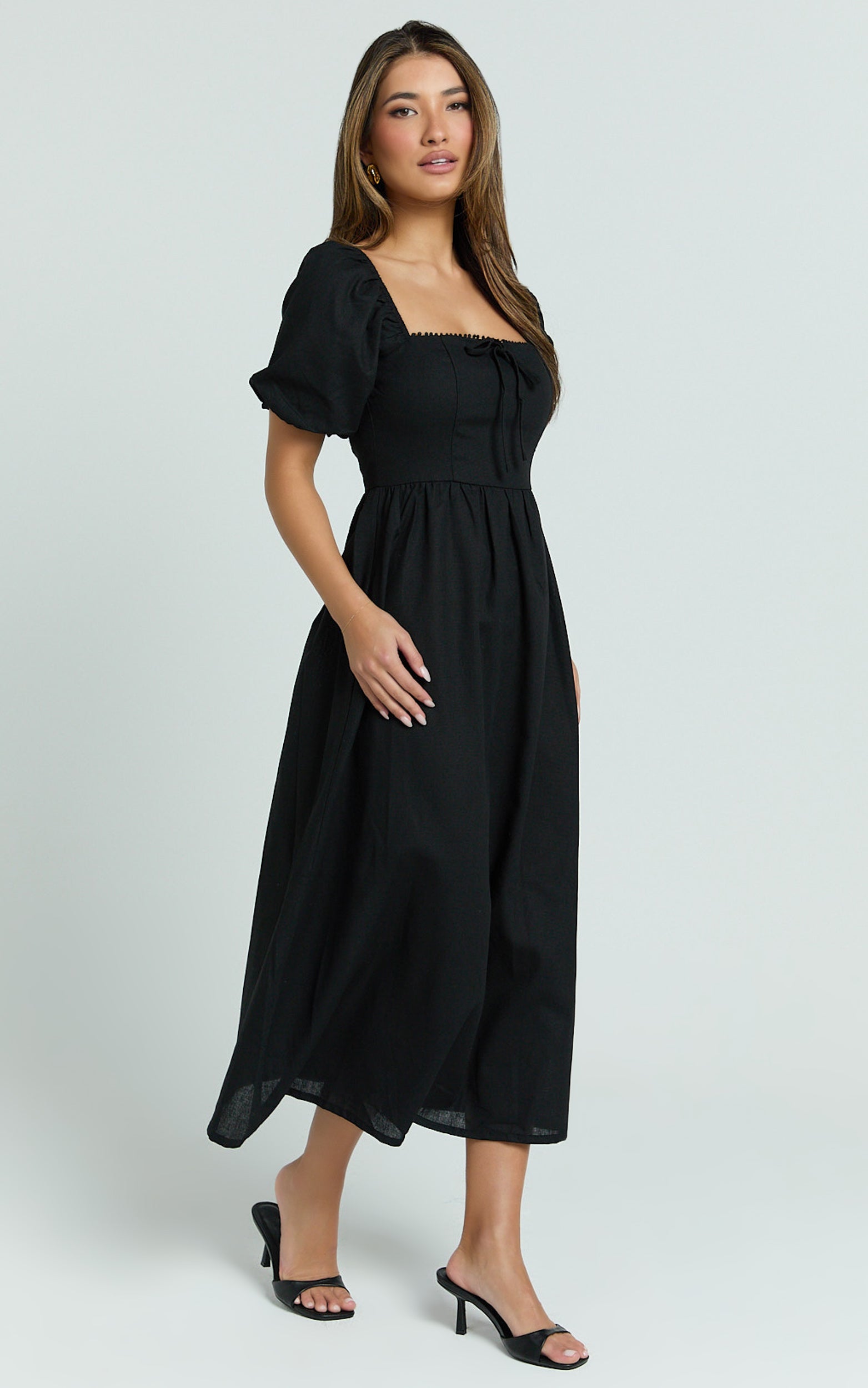 Quinn Midi Linen Blend Dress - Puff Sleeve Square Neck Dress in Black