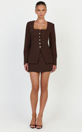 Rae Two Piece Set - Long Sleeve Button Down Tailored Top and Mini Skirt Set in Chocolate