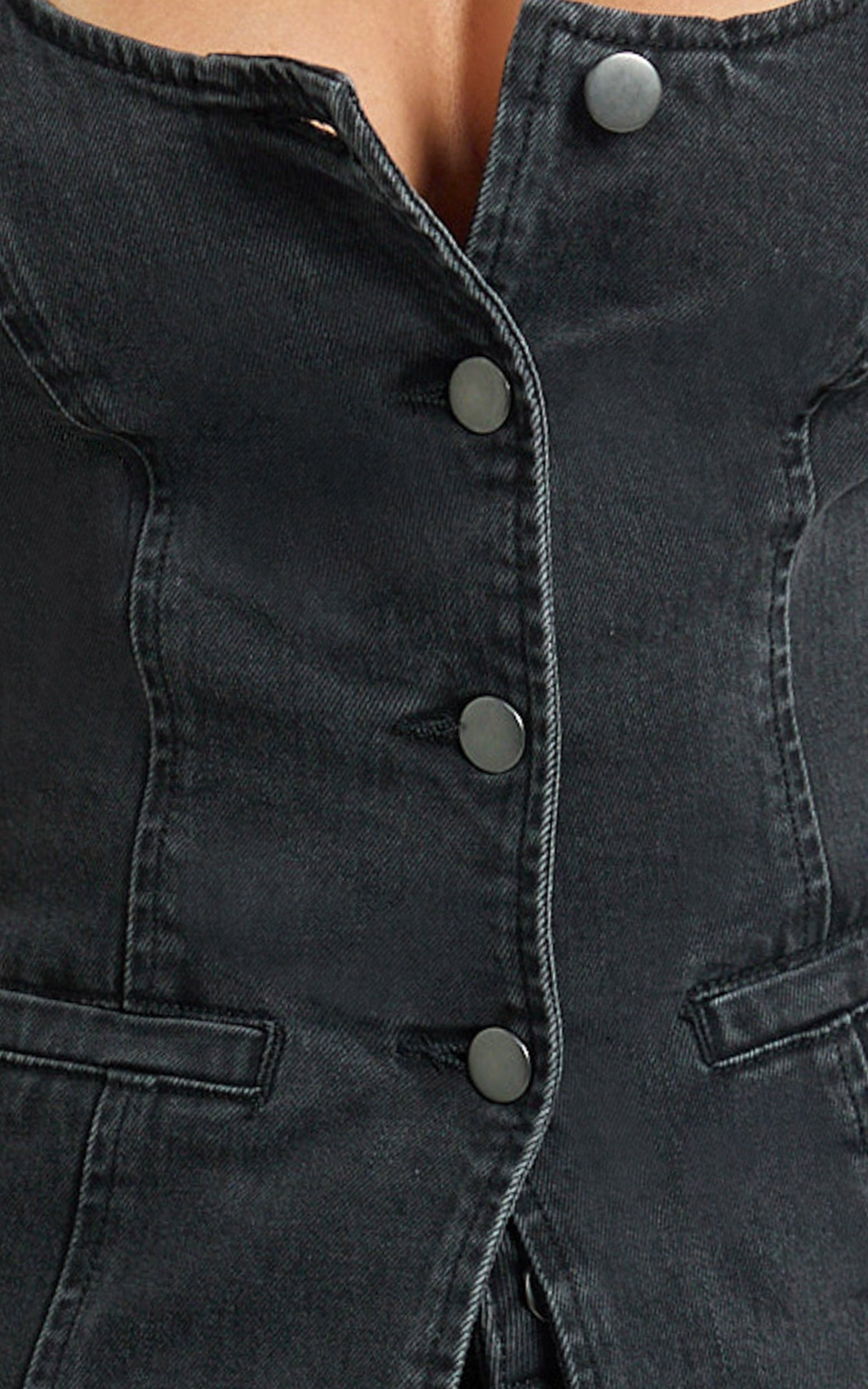 Raquel Top - Denim Scoop Neck Button Down Vest in Washed Black