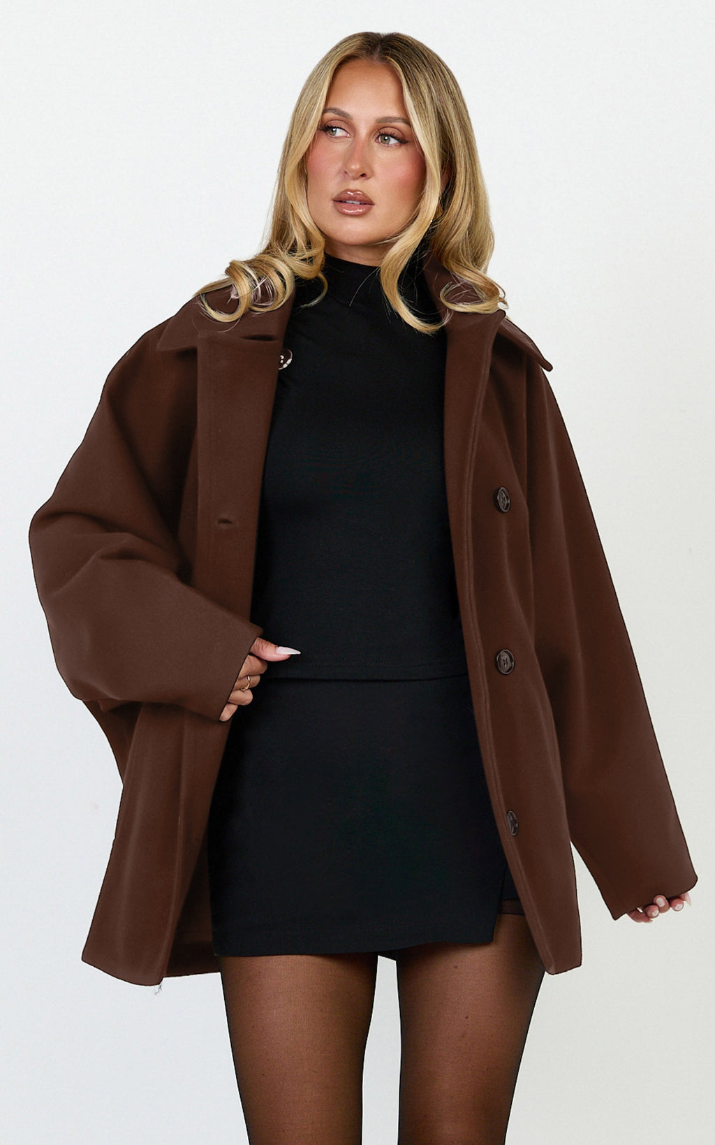 Rina Coat - Oversized Three Button Front Closure Coat in Chocolate
